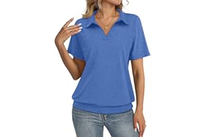 TICTICMISS Womens Polo Shirts Short Sleeve Banded Bottom Tops Business Casual Tops Collared V Neck Dressy Blouses