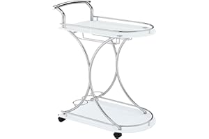 COASTER FINE FURNITURE Coaster Home Furnishings Elfman 2-Tier Glass Shelf Metal Bar Cart White and Chrome 910002