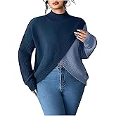 BEAUDRM Women's Plus Size Cable Knit Color Block Sweater Casual Crew Neck Long Sleeve Asymmetrical Pullover Tops