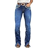 Flamingals Bootcut Mid Rise Jeans for Women Split Ripped Stitch Curvy Western Denim Pants Without Belt