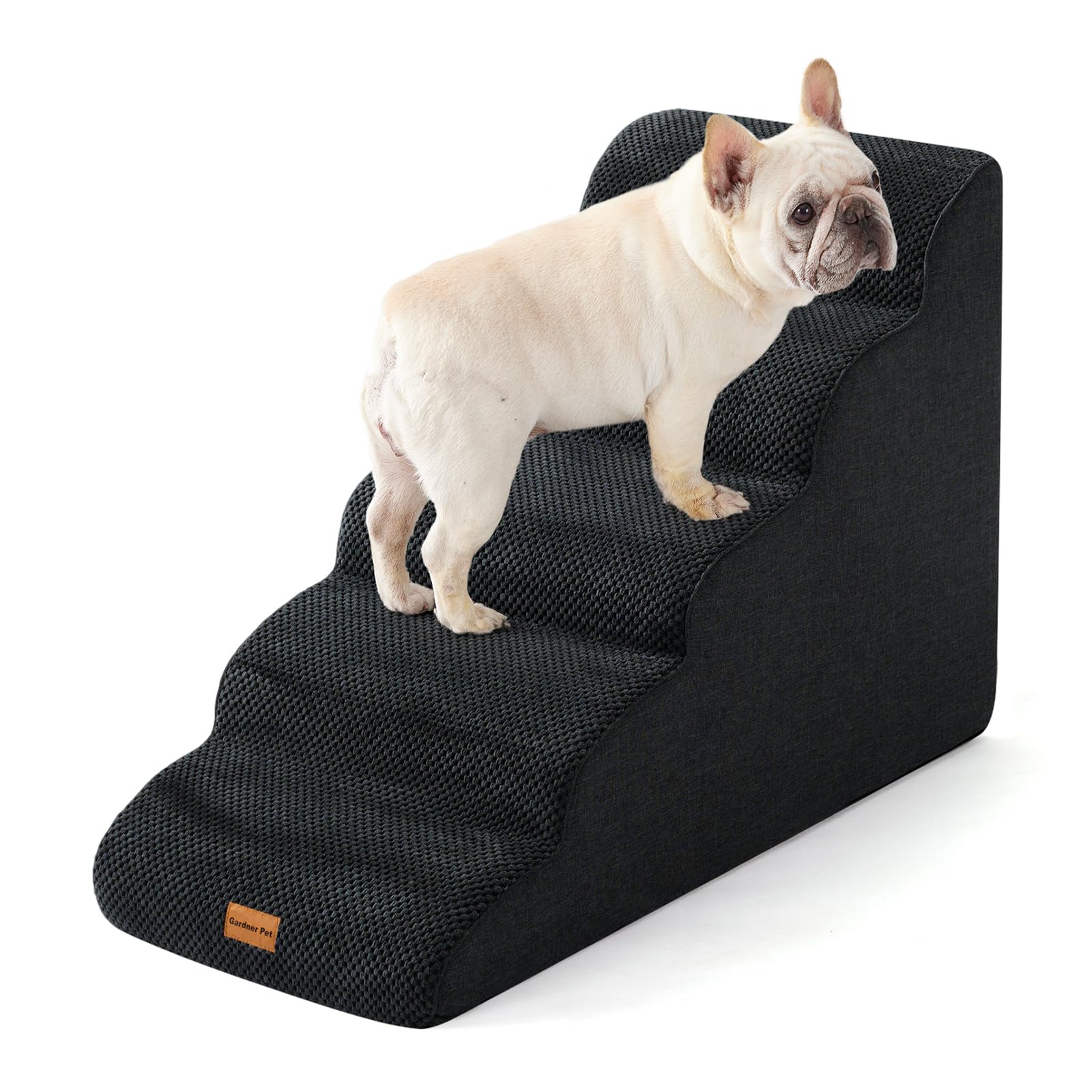 Photo 1 of Gardner Pet Dog Stairs for Small Dogs 22.8" H, 5-Step Black Curved Pet Stairs, Dog Steps for High Bed, Couch (24-30 in) with Durable Non-Slip Waterproof Fabric Cover and CertiPUR-US Certified Foam