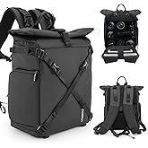 Cwatcun Waterproof Camera Backpack, Black Photography Travel Camera Bag Case with 4L Expansion Warehouse, Tripod and Drone Strap, 15.6" Laptop Compartment for Canon Nikon Sony SLR DSLR