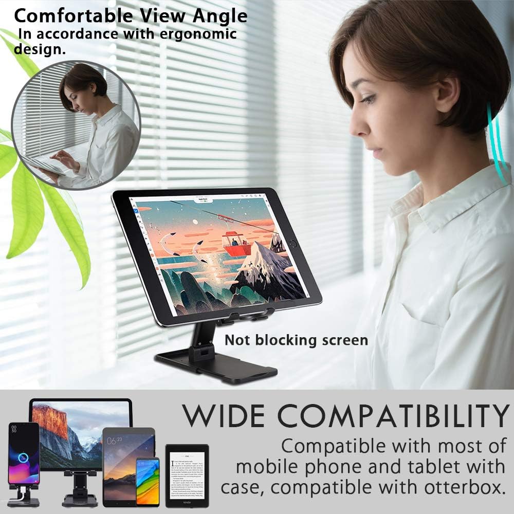 Universal Adjustable Cell Phone Stand (Upgraded), CASEOWL Fully Foldable Tablet Stands Portable Phone Holder Mount Compatible with iPhone/Samsung/LG/All Mobile Phone/iPad/Kindle/Tablet/Switch (Black)