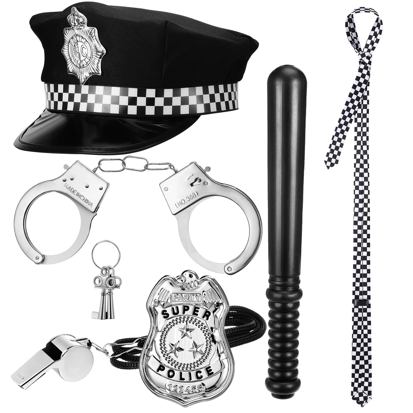 GSrenyu Police Costume Accessories,Police Costume Adult Women Cop Costume Accessories Police Costume Policeman Hat,Tie,Badges,Handcuffs,Baton and Whistle for Helloween