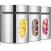 Mimorou 3 Pcs Stainless Steel Canister Set with Glass Windows Visible Storage Jars Silver Kitchen Canister Set for Pasta Flour Oat Sugar Container, Kitchen Tools, Housewarming Gifts (20 oz)
