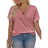 VISLILY Plus-Size-Summer-Tops for Women Casual V Neck T Shirts Trendy Loose Tees Fashion Rolled Short Sleeve Tunics XL-5XL