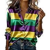 Women's Shirts for Mardi Gras, Womens Outfit for Mardi Gras Striped Collar Shirts Casual Costume Carnival Tee