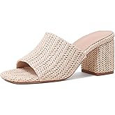 Ancomafio Heeled Sandals for Women，Raffia Sandals 2025 Chunky Heels Square Toe Mules Block Summer Shoes Slip On