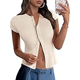 PRETTYGARDEN Women's Short Sleeve Summer Tops 2025 Trendy Ribbed Knit Button Up Tight Basic Tees Shirts Going Out Y2K Clothes