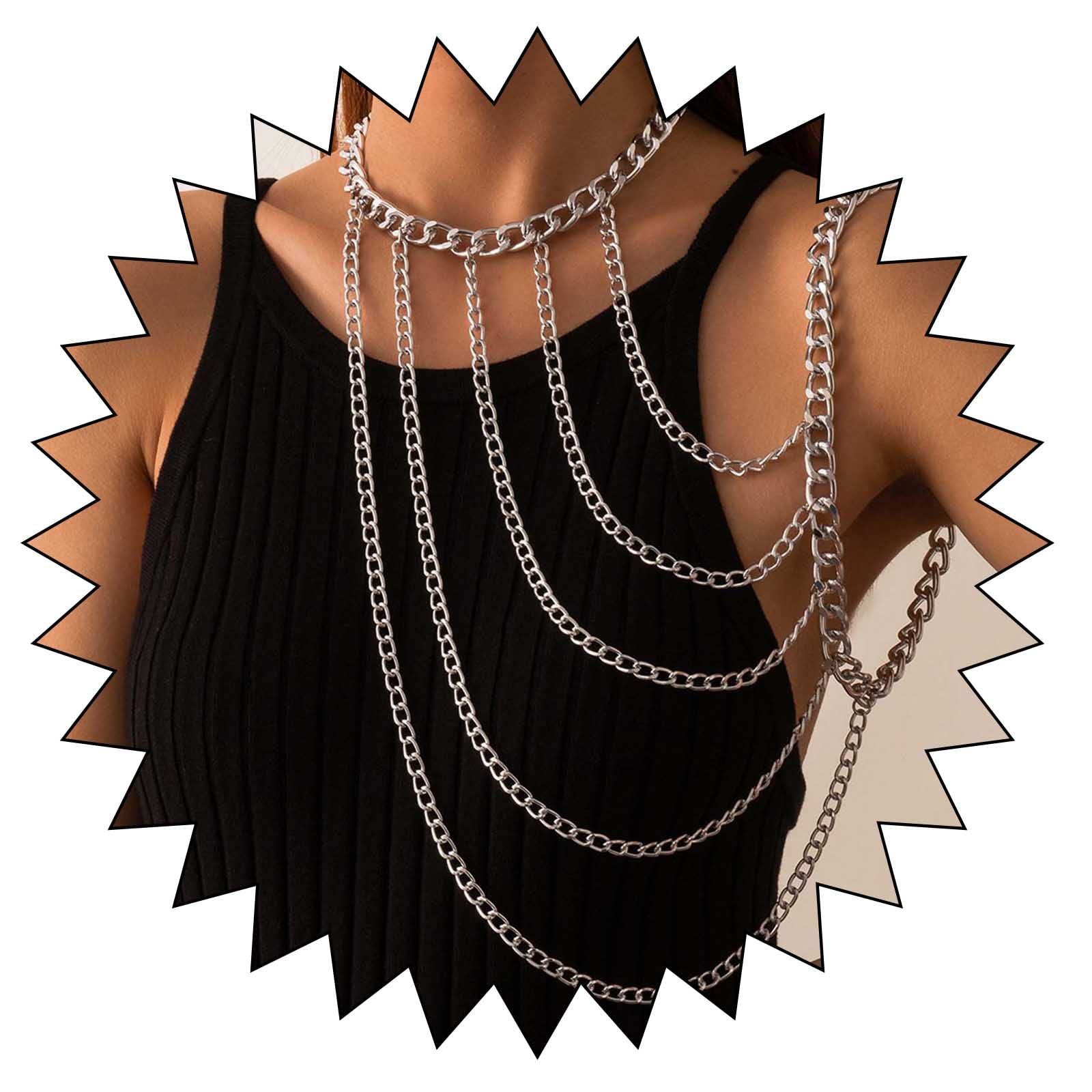 Yienate Sexy Harness Body Chain Boho Silver Necklace Choker Shoulder Chain Multi Row Chunky Cuban Arm Chain Unique Layered Shoulder Necklace Body Chain Jewelry Accessories for Women Girls