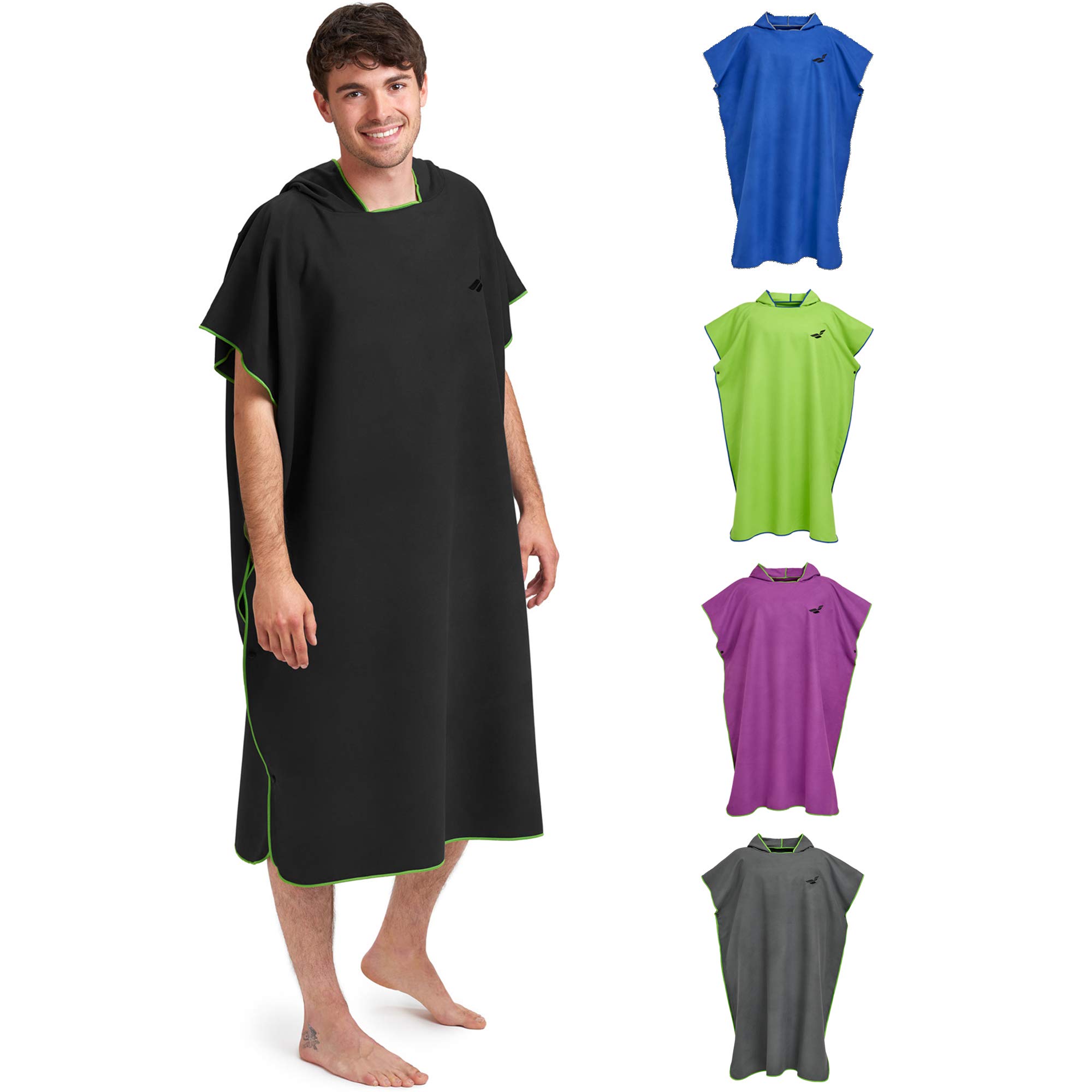 Fit-Flip Poncho Towel - Microfibre Changing Robe Adult - Swim and Surf Beach Robes - Quick Dry Hooded Swimming Towel for Men and Women - size L, Black-Green