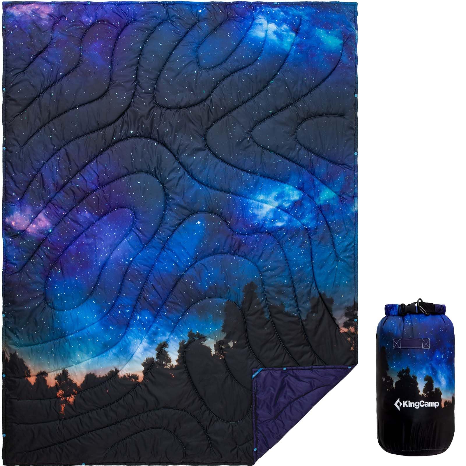 Photo 1 of KingCamp Ultralight Camping Blanket, Packable Down Alternative Puffy Printed Wearable Blanket with Snap Buttons & Corner Loops Weatherproof Quilt for Outdoor Travel Stadium (79"L x 57"W, STARRYSKY)