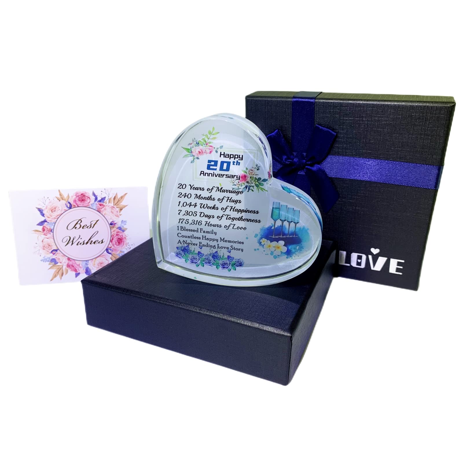 20th China Wedding Anniversary Romantic Gifts for Women,20 Years Anniversary Wedding Gifts for Wife Girlfriend Couple, Crystal Heart Marriage Keepsake,20th Wedding Anniversary Present for Her Blue