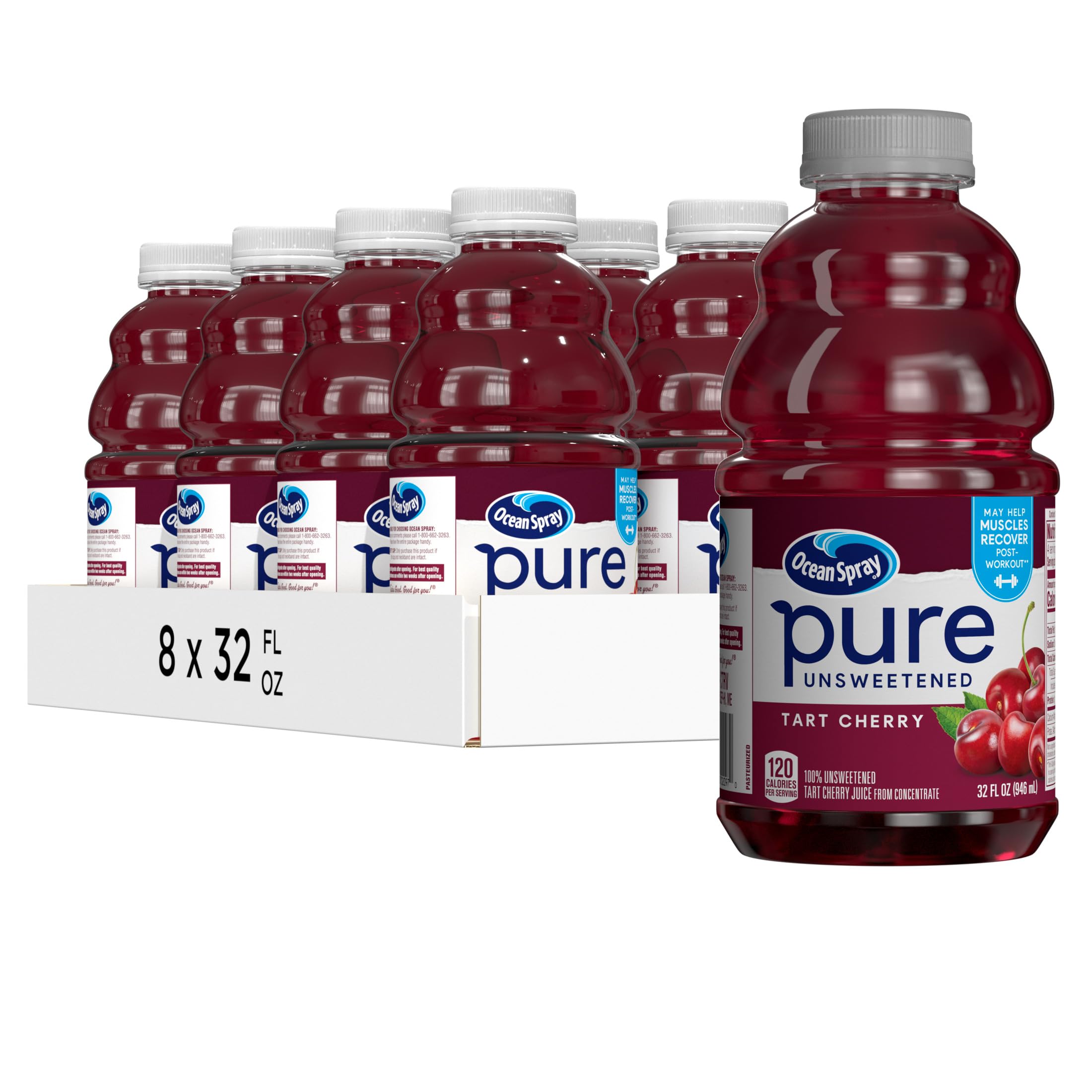 Ocean Spray® Pure Unsweetened Tart Cherry, 100% Tart Cherry Juice, 32 Fl Oz Bottle (Pack of 8) Image