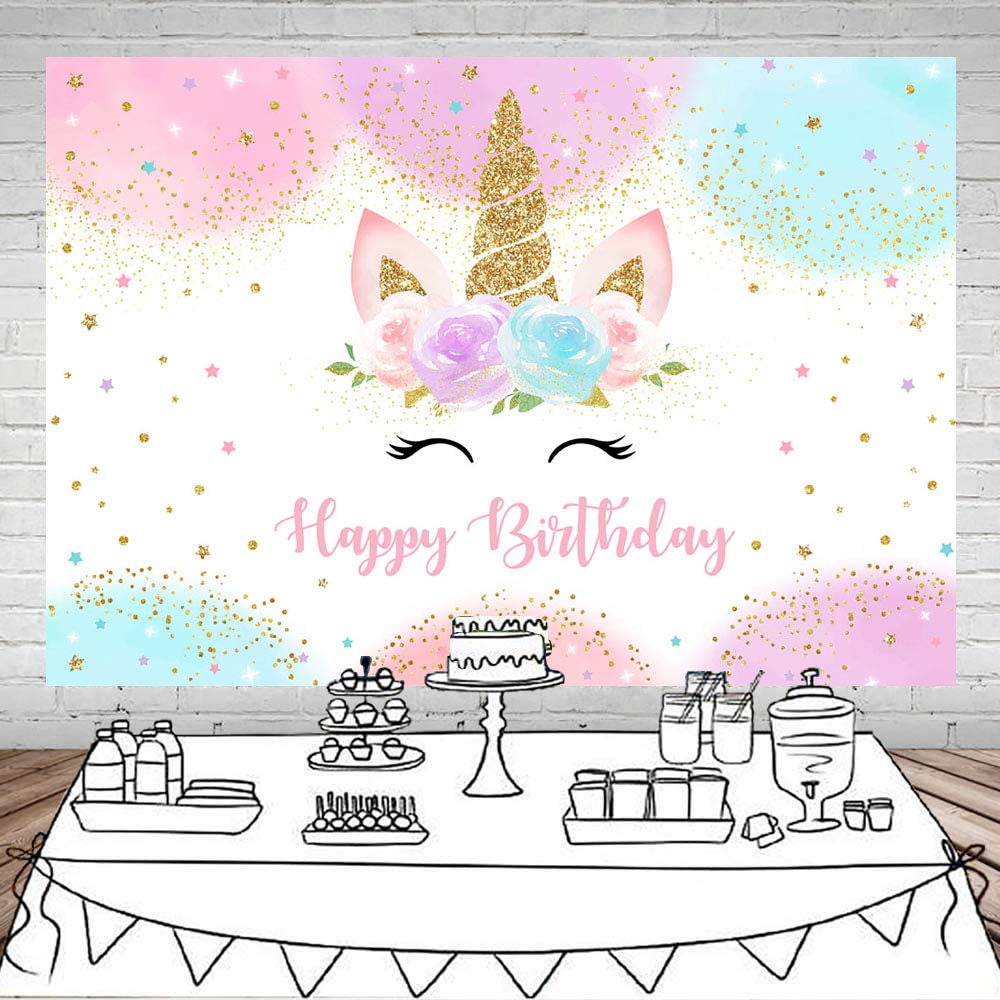 Mocsicka Unicorn Birthday Decorations Backdrop for Girls Party 5x3ft Pastel Rainbow Glitter Stars Dots Happy Birthday Banner Photo Booth Props