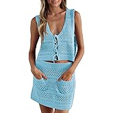 Saodimallsu Womens Crochet Swim Cover Up 2 Piece V Neck Sleeveless Front Tie Crop Tops Beach Mini Skirt Coverup Set