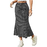 WDIRARA Women's Polka Dots Fishtail Midi Skirt Elastic Waist Ruffle Hem Mesh Bodycon Skirt