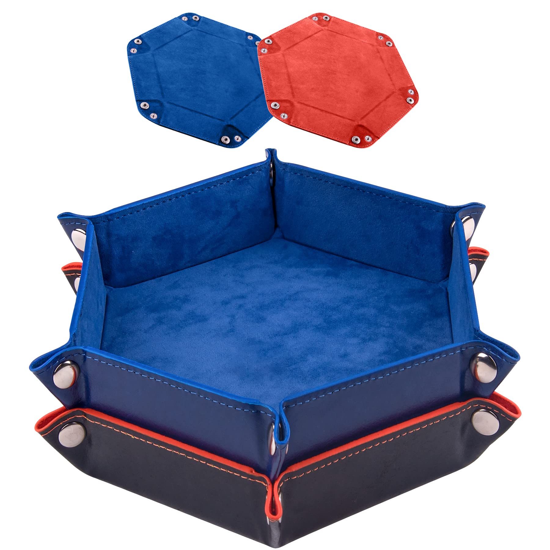 SIQUK 2 Pieces Dice Tray Hexagon Dice Folding Tray PU Leather Velvet Holder Tray for RPG DND and Other Table Games (Royal Blue, Orange)
