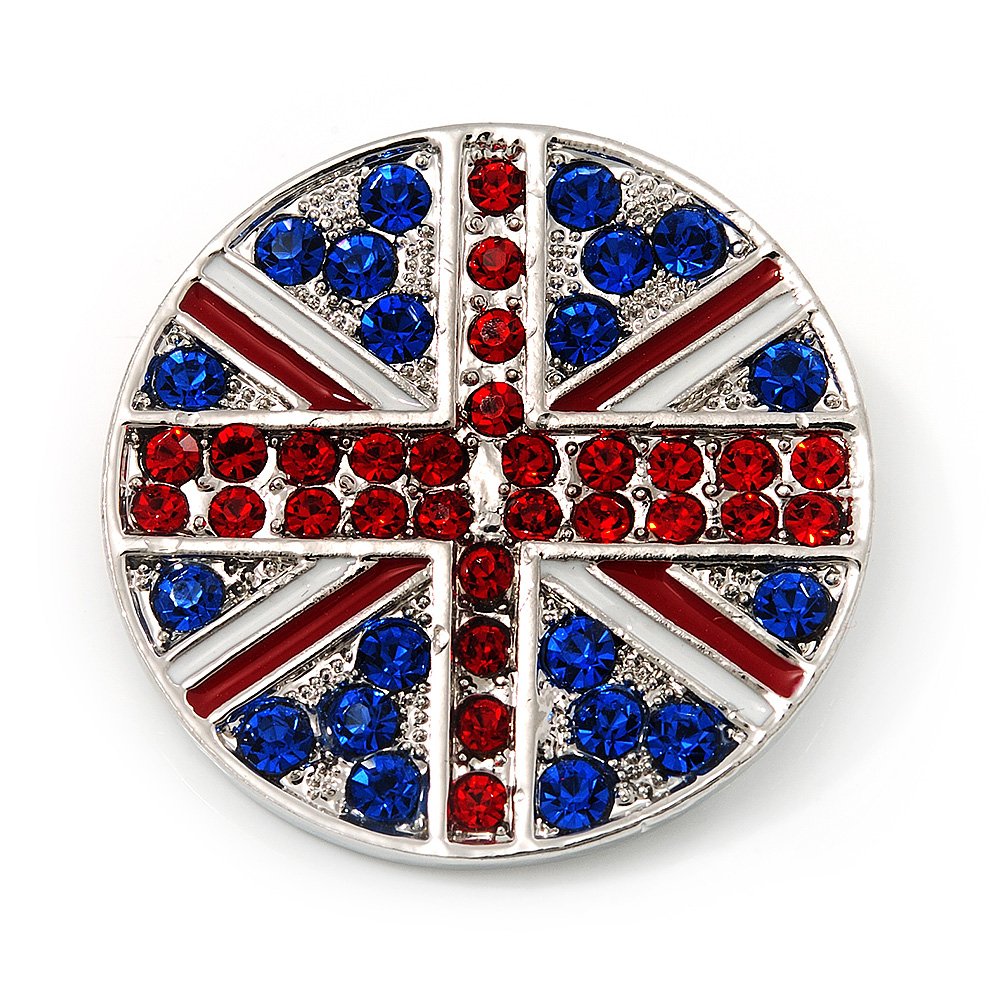 Union Jack Round Silver Plated Crystal Brooch - 4cm Diameter