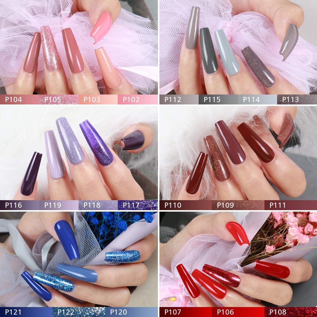 Pine 21 Colors Gel Nail Polish Set with Base No Wipe Glossy Top Matte Top Coat 24 Pcs Soak Off UV LED Gel Nude Red Gray Purple Shimmer Glitter Nail Art Manicure : Beauty