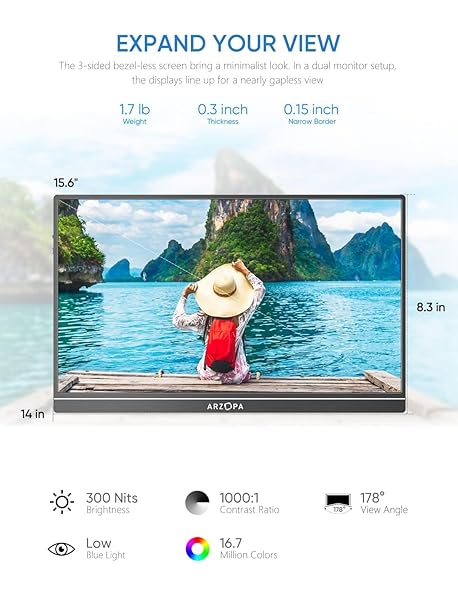 ARZOPA PORTABLE MONITOR, 15.6” 1080P FHD LAPTOP MONITOR USB C HDMI COMPUTER DISPLAY HDR EYE CARE EXTERNAL SCREEN W/SMART COVER FOR MAC PHONE XBOX SWITCH PS5-S1 TABLE