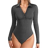 MANGOPOP Henley Bodysuit for Women Button Down Long Sleeve Tops Body Suits Dressy Blouse Casual