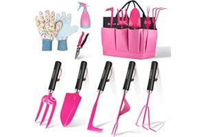 Gardening Tools 9-Piece Heavy Duty Gardening Hand Tools Set (Pink),Stainless Steels and Reinforced Garden Supplies Kit, Durab
