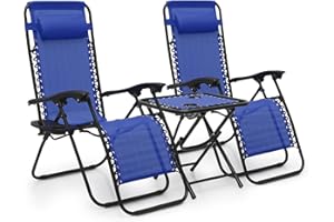 MoNiBloom 3 Pack Lounge Beach Chairs for Outside, Zero Gravity Camping Chairs with Side Table, Pillow and Tray, 330lbs Capacity, Blue