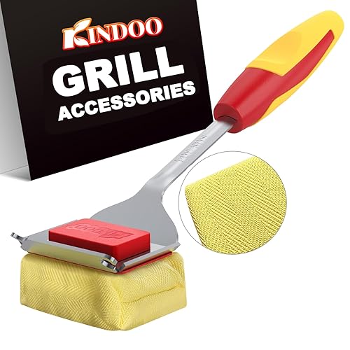 Grill Brush Bristle Free, Replaceable BBQ Cleaning Brush Head, Outdoor Steam Grill Cleaner Brush Extended Handle, Safe Grill Brush with Scraper for Cast Iron Stainless-Steel Grates, Red