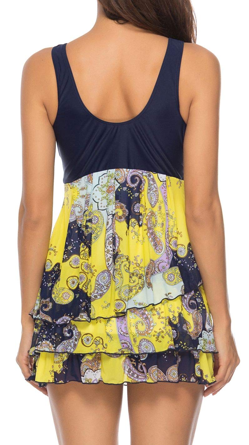 Yong Dong Women Tummy Control Swimdress Swimwear Print Skirted Two Piece Swimsuit Bathing Suit Dress (M(US 8-10), Yellow)