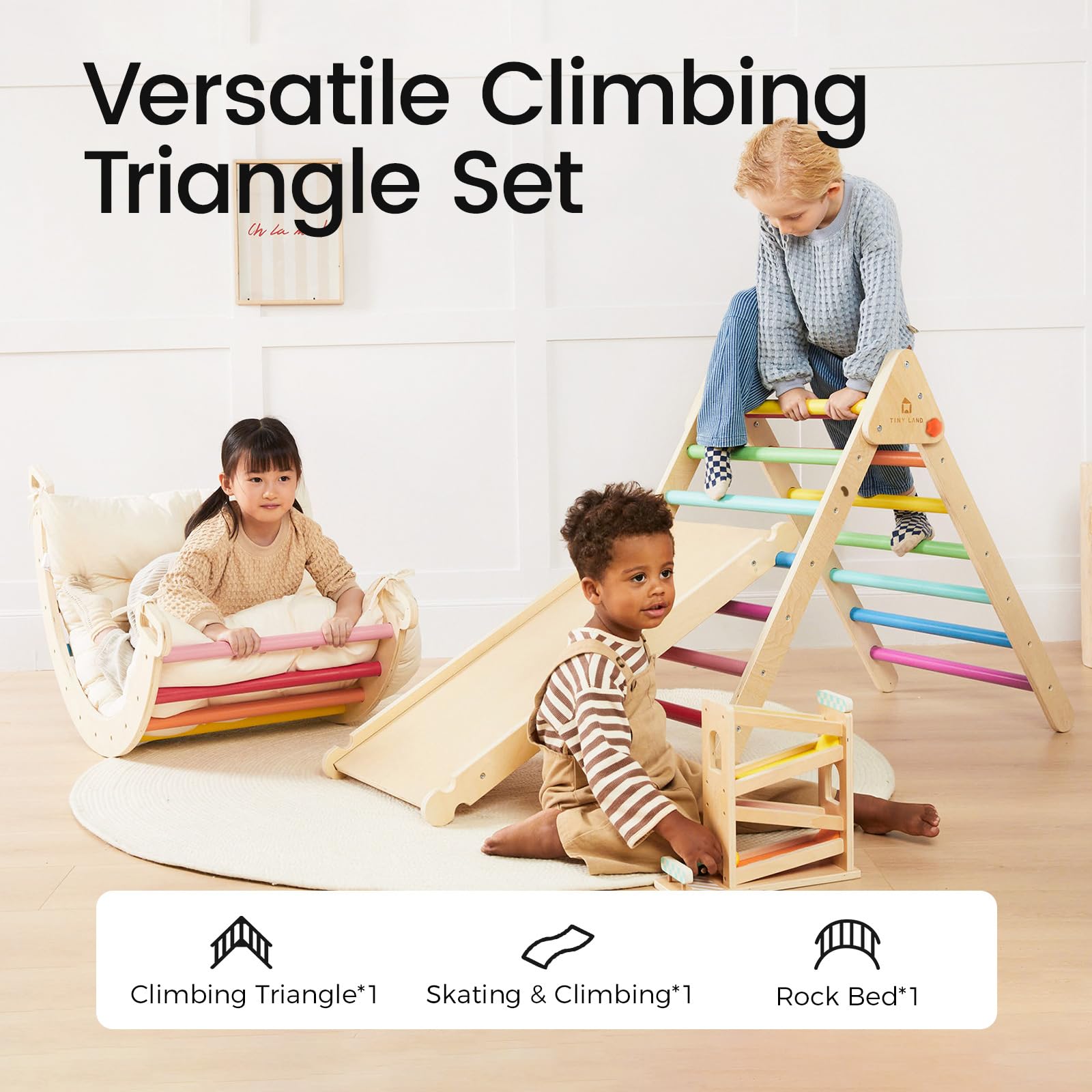 Tiny Land Pikler Triangle Set, 7-in-1 Foldable Pikler Triangle Climbing Toys Set for Kids,Baby Indoor Playground Jungle Gym, Wooden Montessori Climbing Set for Toddler (Rainbow)