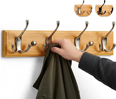 LARHN Wall-Mounted Coat Rack with 4 Matt-Nickel Triple Hooks 42 cm