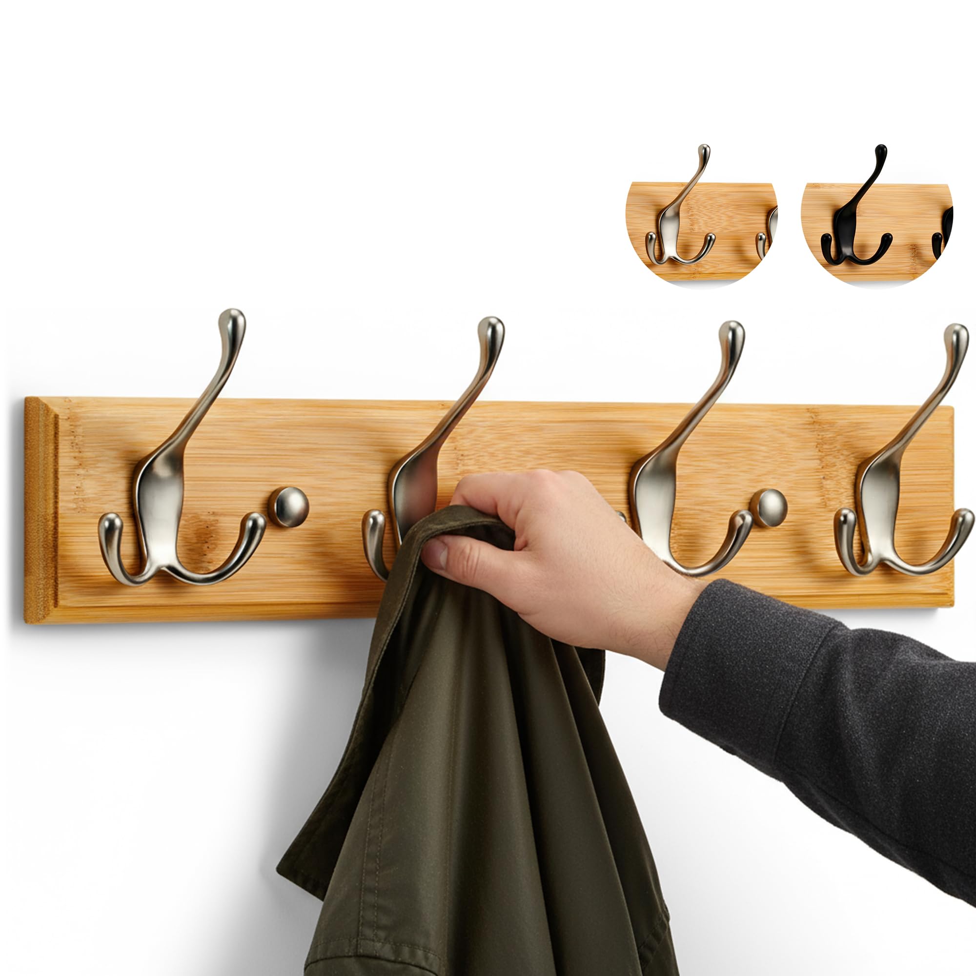 LARHN Wall-Mounted Coat Rack - 4 Matt-Nickel Triple Coat Hooks for Wall on Stylish Wooden Bamboo Base - 42 cm - All Fixings Included