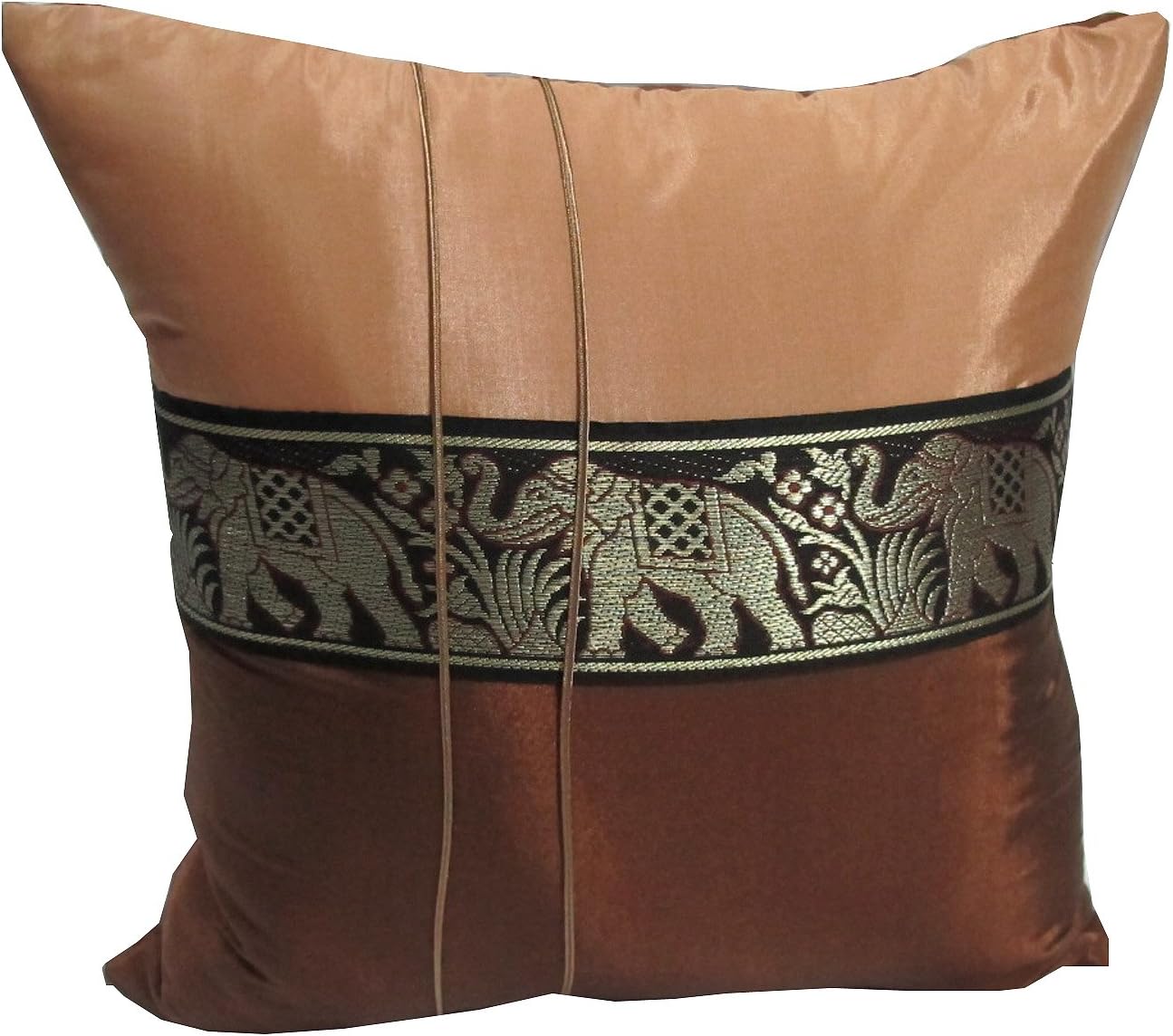 Best and Beautiful Thai Single Elephant Middle Stripe Throw Cushion Cover/Pillow Sham Handmade by Satin and Thai Silk for Decorative Sofa, Car and Living Room (Brow)