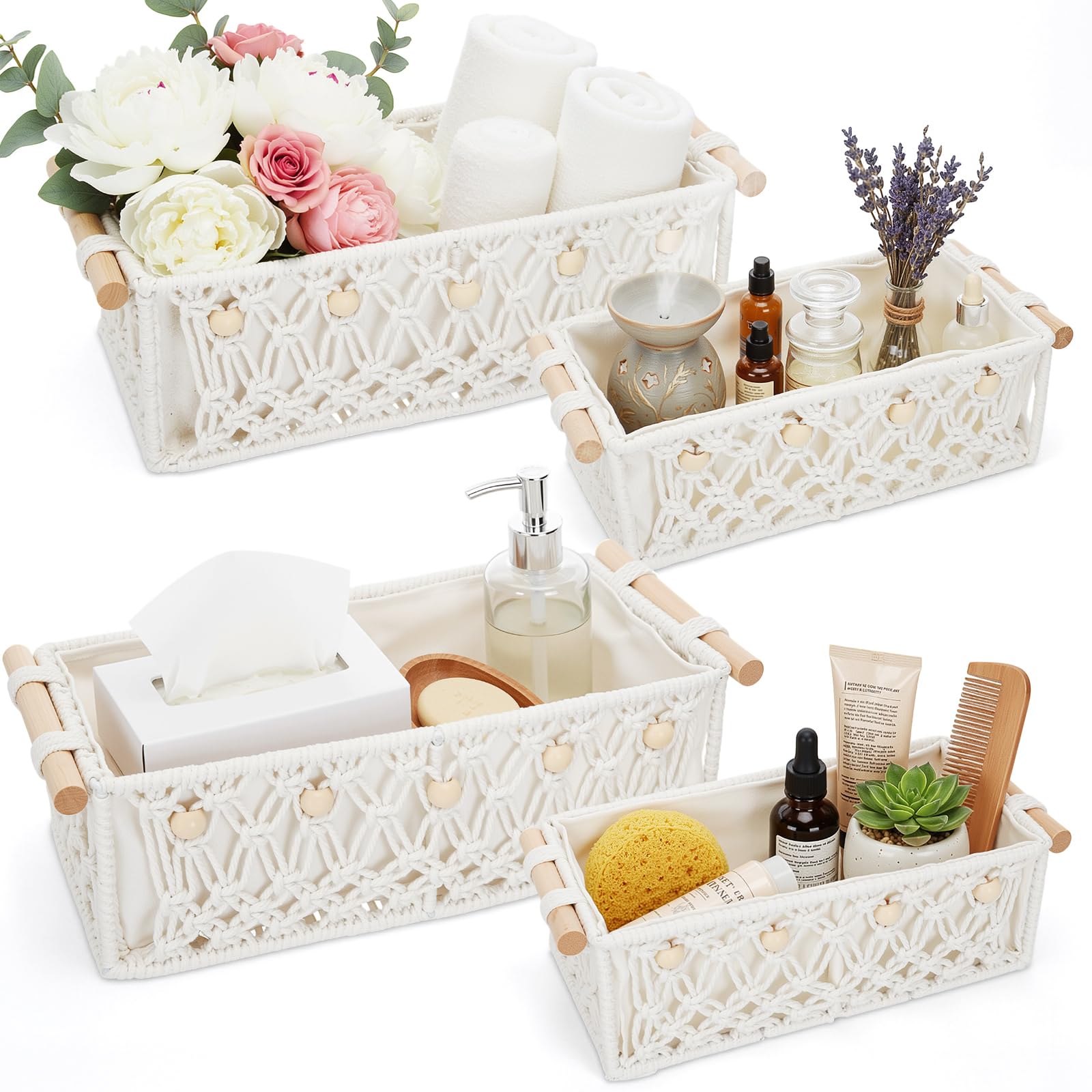 Photo 1 of Vesici 4 Pcs White Macrame Storage Basket for Shelves 13 in 11 in Boho Storage Basket Hand Woven Boxes with Wood Handles Beads Decorative Countertop Toilet Tank Cabinet Organizer for Home Room Decor
