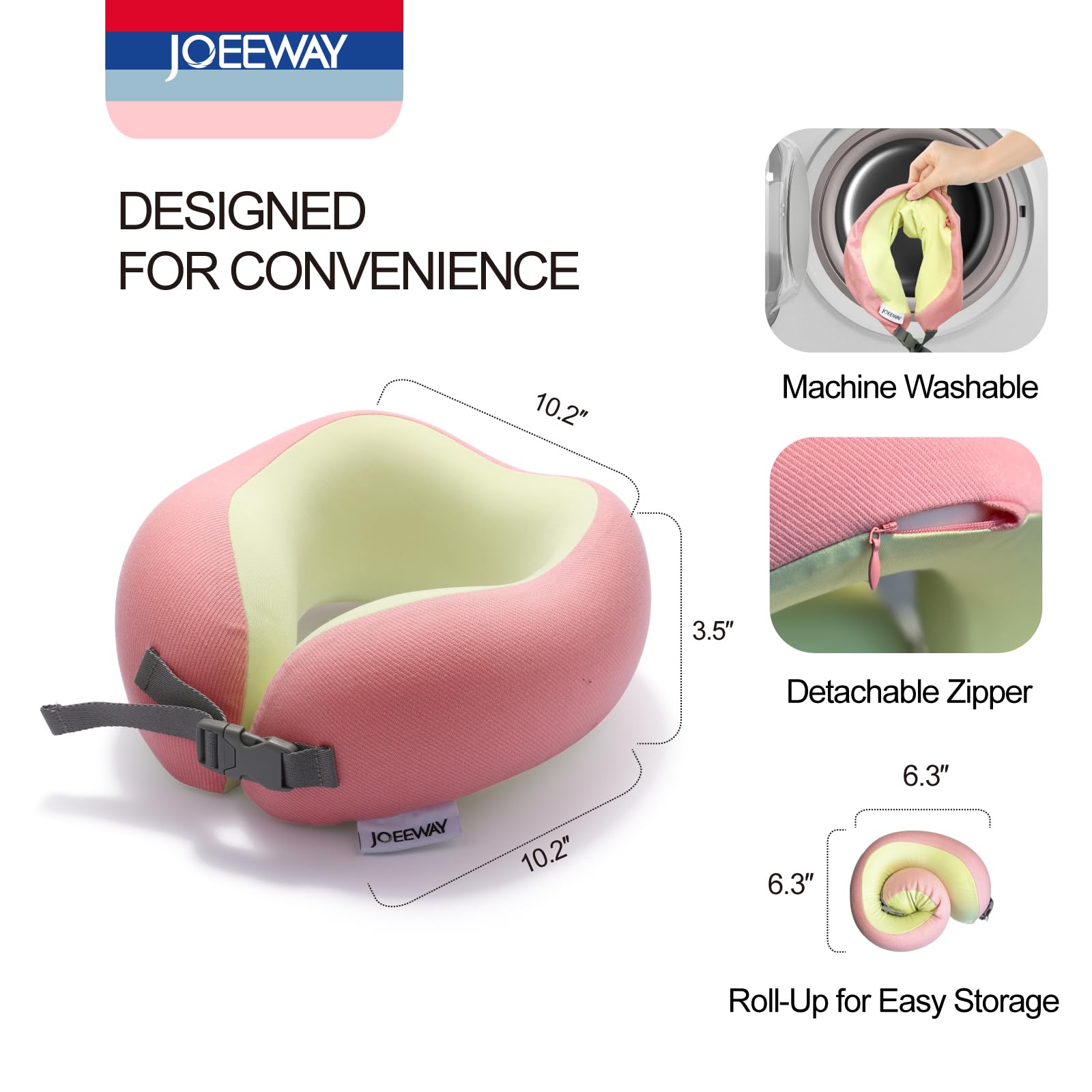 Joeeway Travel Pillow for Neck Support,Comfortable Travel Neck Pillow with Adjustable Strap,100% Pure Memory Foam Airplane Pillow,for Long Flight,Train,Pink