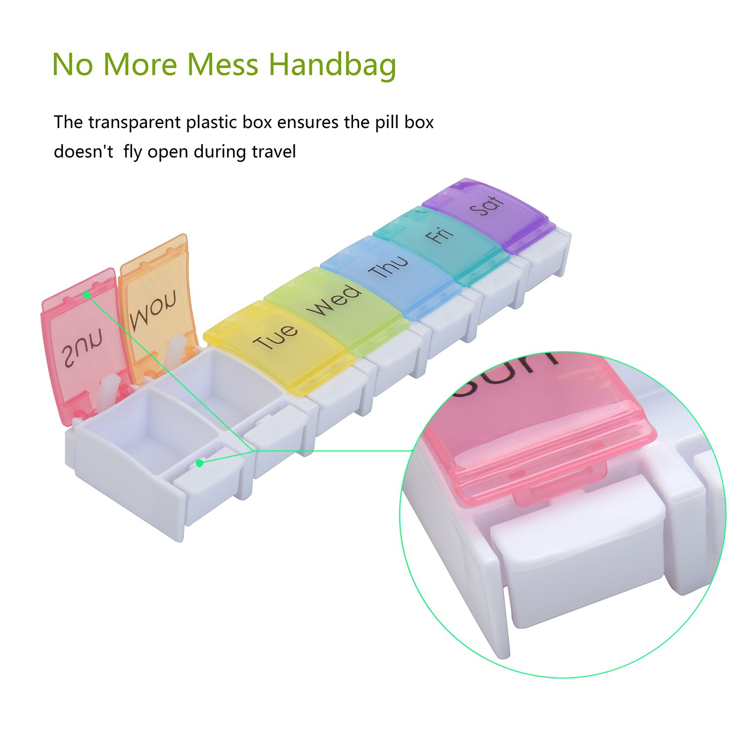 Pill Organizer, CHC Weekly Pill Planner Portable Travel Pill Container with Spring Assisted Open Large Compartments to Vitamins, Fish Oil, Supplements, Rainbow