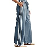 Yeokou Women's Wide Leg Sweatpants Side Stripe Crochet Slip on Drawstring Casual Running Track Palazzo Pants with Pockets