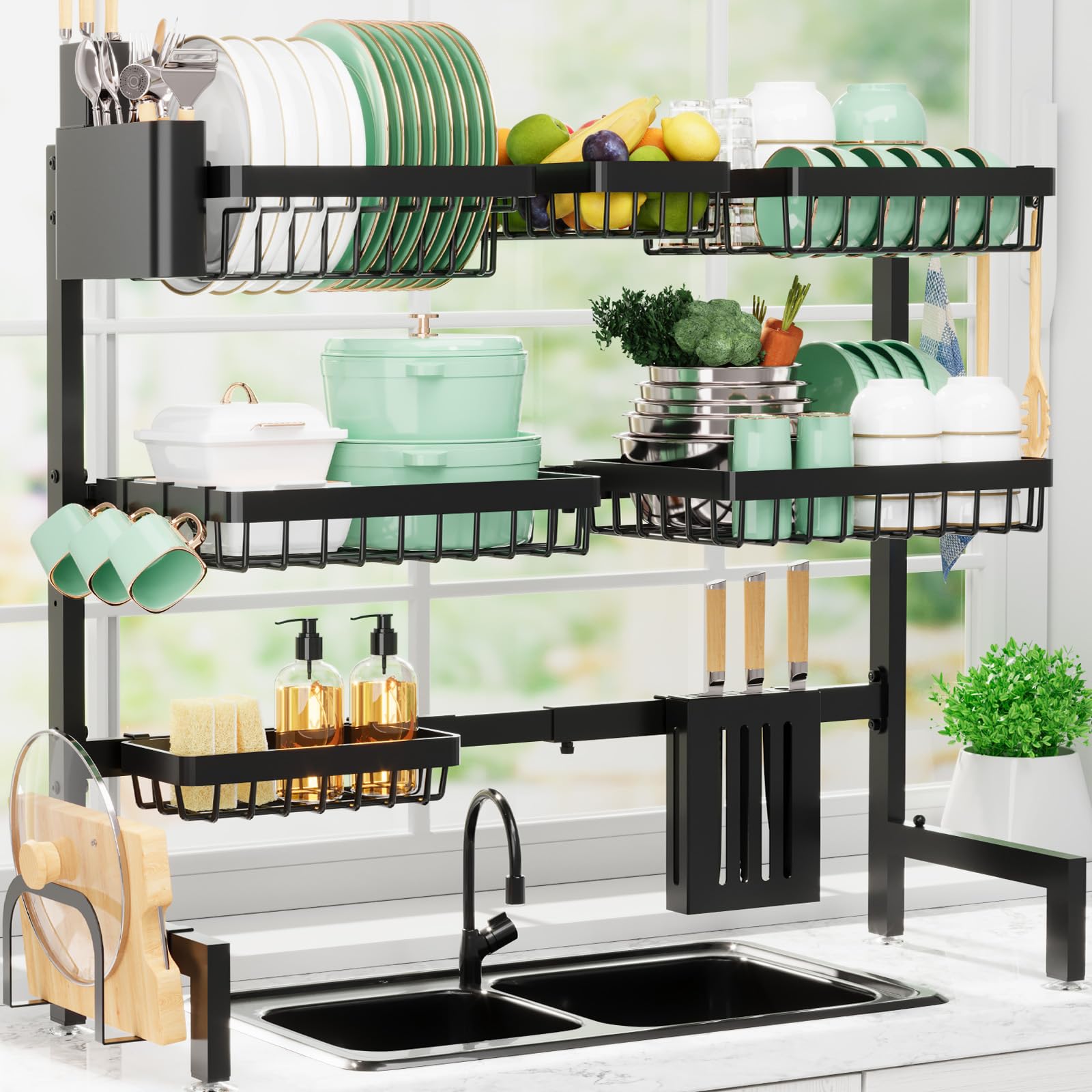 Photo 1 of Sakugi Dish Drying Rack - Over The Sink Dish Drainer Drying Rack with Utensil & Knife Holder, Hooks, Stainless Steel Kitchen Organizers and Storage Solution, 11.8" D x 31.5"~39.0''W x 30" H, Black