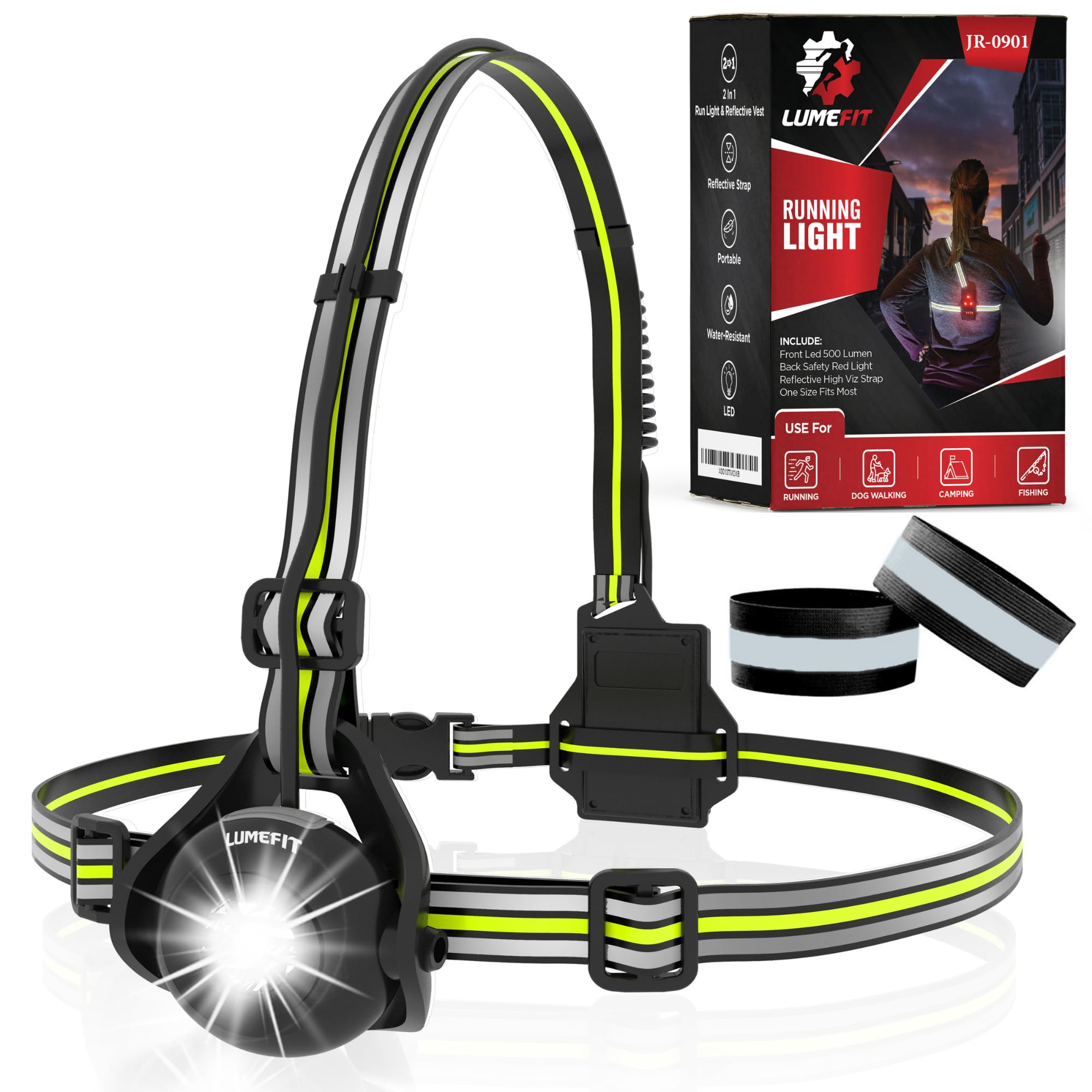 Running Light for Runners - Chest LED Lamp Run Light - 90° Adjustable Beam Angle, 500 Lumen 360 Degree Reflective Band, USB Rechargeable - Front Body Torch Rear Safety Warning (Black)