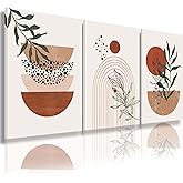 Boho Wall Art Prints, Boho Wall Decor, Abstract Geometric Prints Black Beige Terracotta Minimalist Art, Natural Framed Canvas Prints Artwork For Living Room Bathroom Bedroom Wall Decor