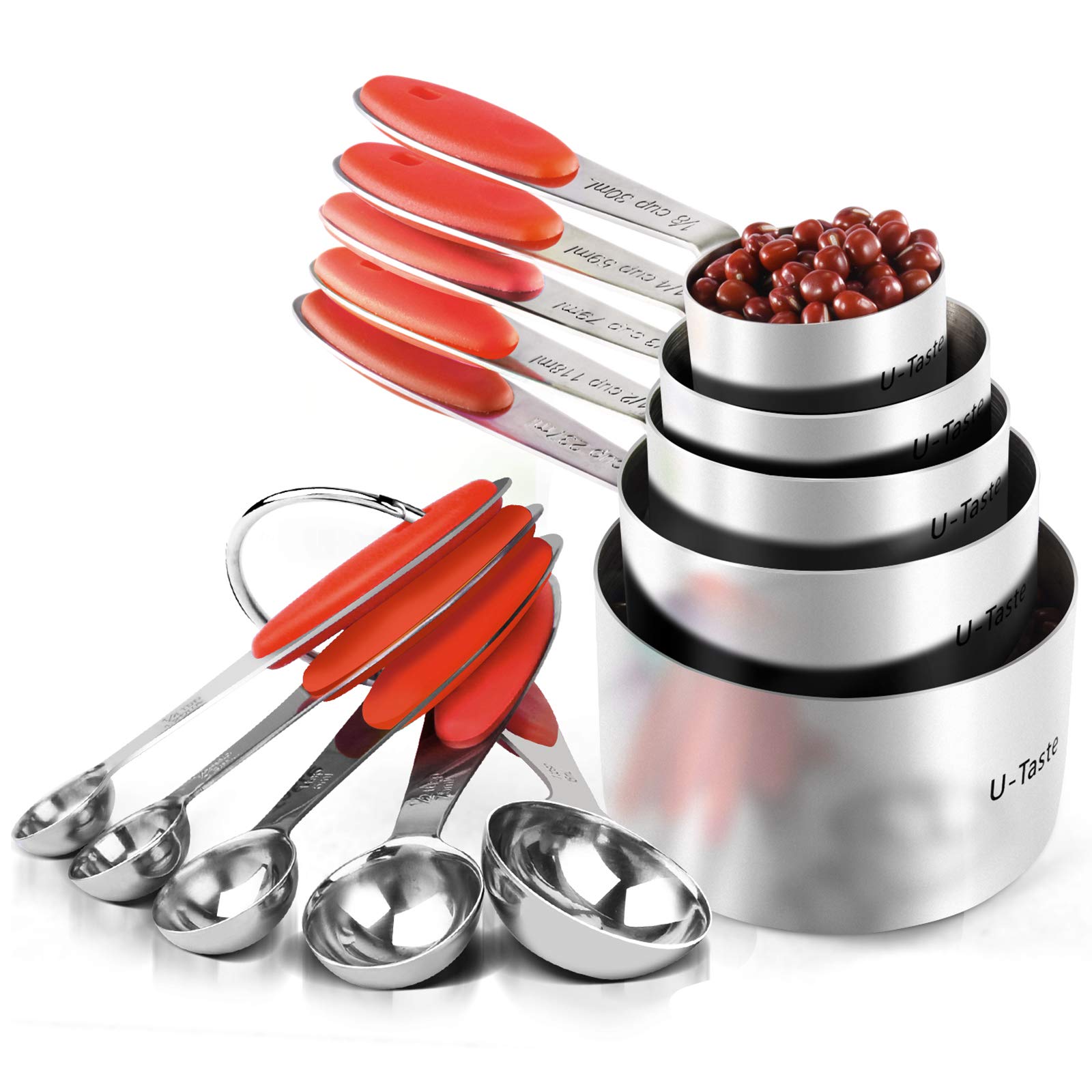 U-Taste 18/8 Stainless Steel Measuring Cups and Spoons Set of 10, Upgraded Thickness Handle (Red)