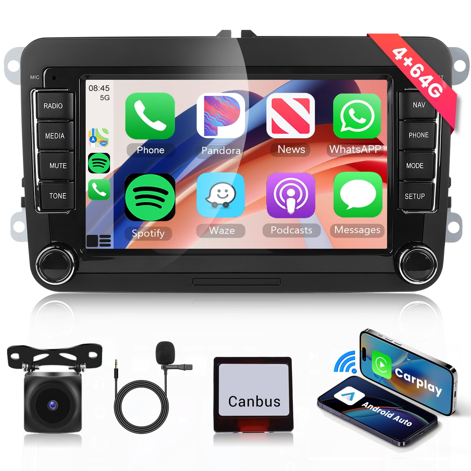 Photo 1 of 4G+64G Android 13 Double Din Car Stereo for Volkswagen SEAT Skoda Jetta Golf Polo Touran Support Wireless Carplay Android Auto, 7 Inch Touchscreen VW Car Radio with GPS, WiFi, Bluetooth, FM, 32 EQ