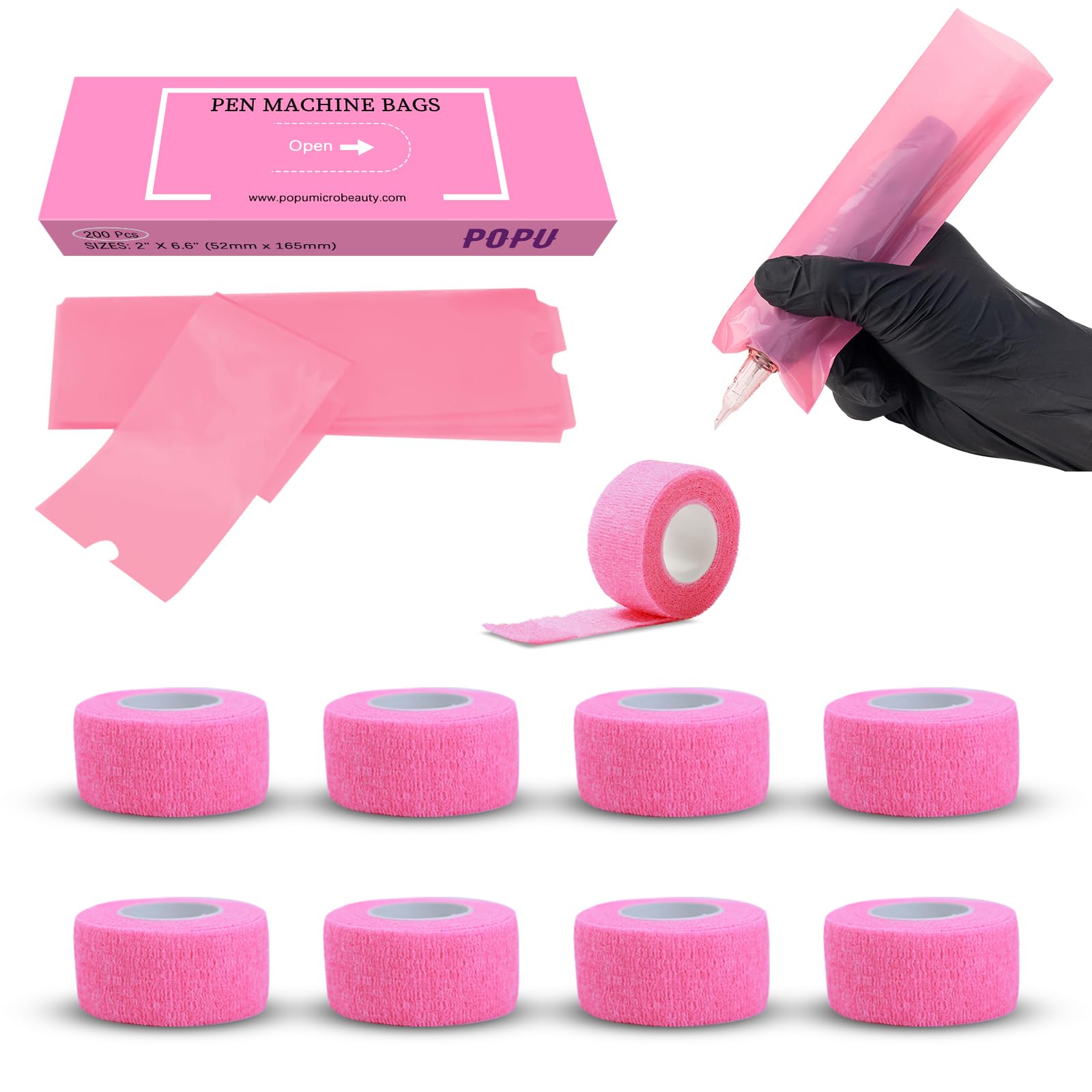 EZ Tattoo Machine Covers with Grip Tapes - 9PCS (1inch x 5 Yard) Pink Grip Wrap with 200pcs (2.0 inch X 6.6 inch) Pink Pen Covers