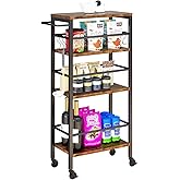 IBUYKE 7.8" Slim Rolling Cart,4-Tier Metal Kitchen Storage Cart,Trolley cart on Wheels for Narrow Space,with Handle and Wooden Tabletop,for Kitchen, Dining Room,Laundry Room,Rustic Brown UTMJ065H