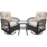 Skypatio 3 Piece Patio Furniture Bistro Set with 2 Rattan 360° Swivel Rocking Chairs with Cushions and Tempered Glass Coffee 