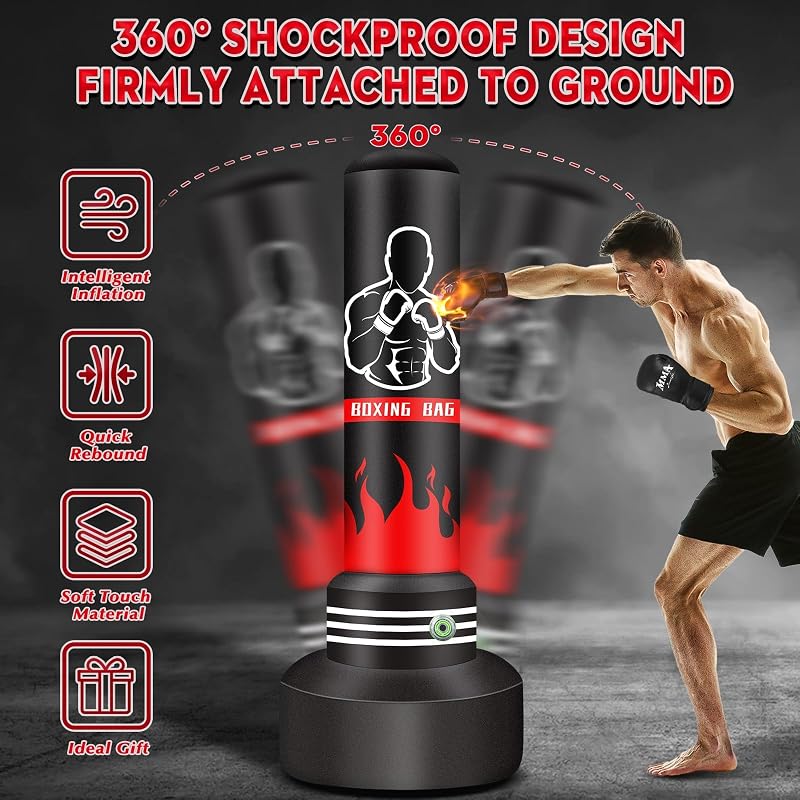 Saco de Boxeo180cm-Saco de Boxeo Pesado autoinflable Mejorado con Guantes y Bomba de Aire incorporada, Saco de Kickboxing y Hombres para Entrenamiento MMA Muay Thai Fitness Principiantes
