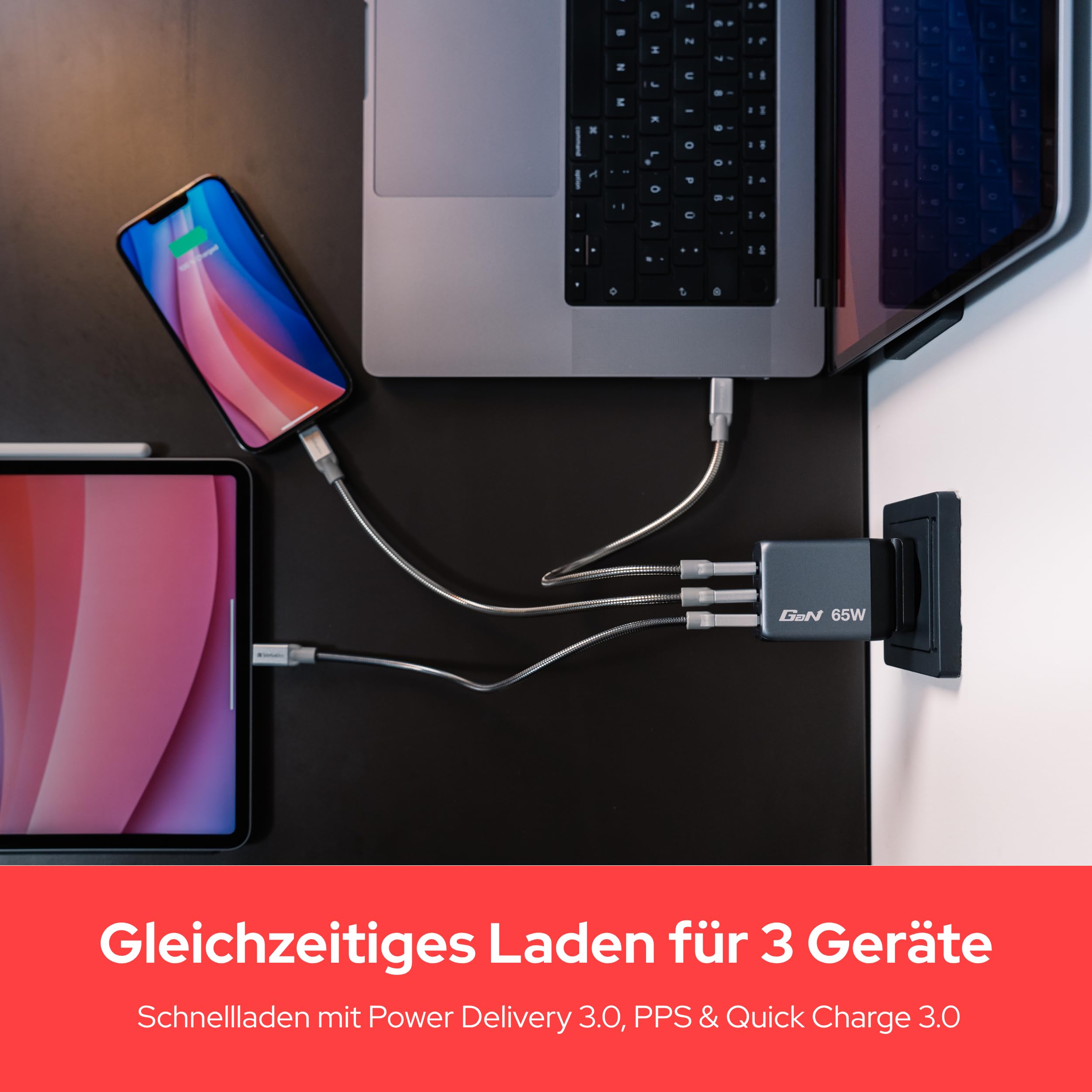 Verbatim GaN Charger 65 W, 3 Ports USB-C Ladegerät, Power Adapter mit 2 x USB-C und 1 x USB-A, Schnellladegerät als Mehrfachstecker, für Apple MacBook, Notebook, iPad, iPhone, Samsung und Co 6