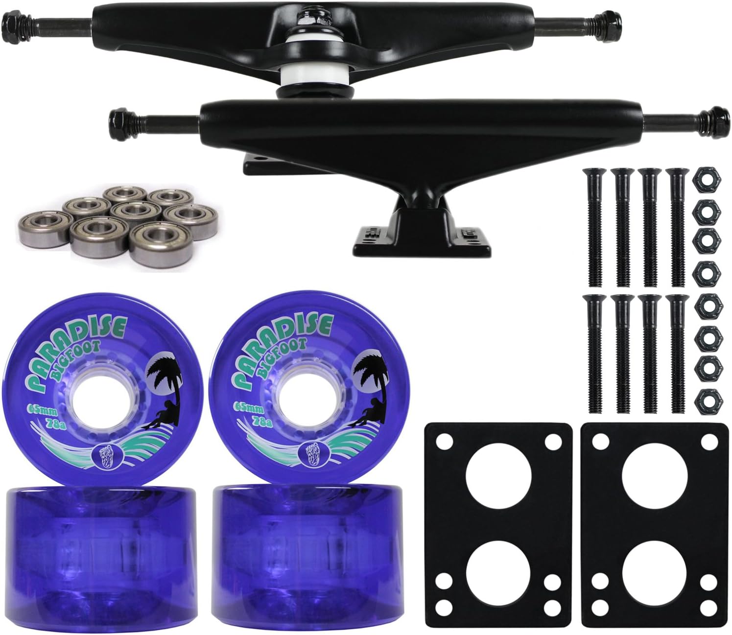 Longboard Skateboard Trucks Combo Set 65mm Bigfoot Islanders Wheels with Black Trucks, Bearings, and Hardware Package