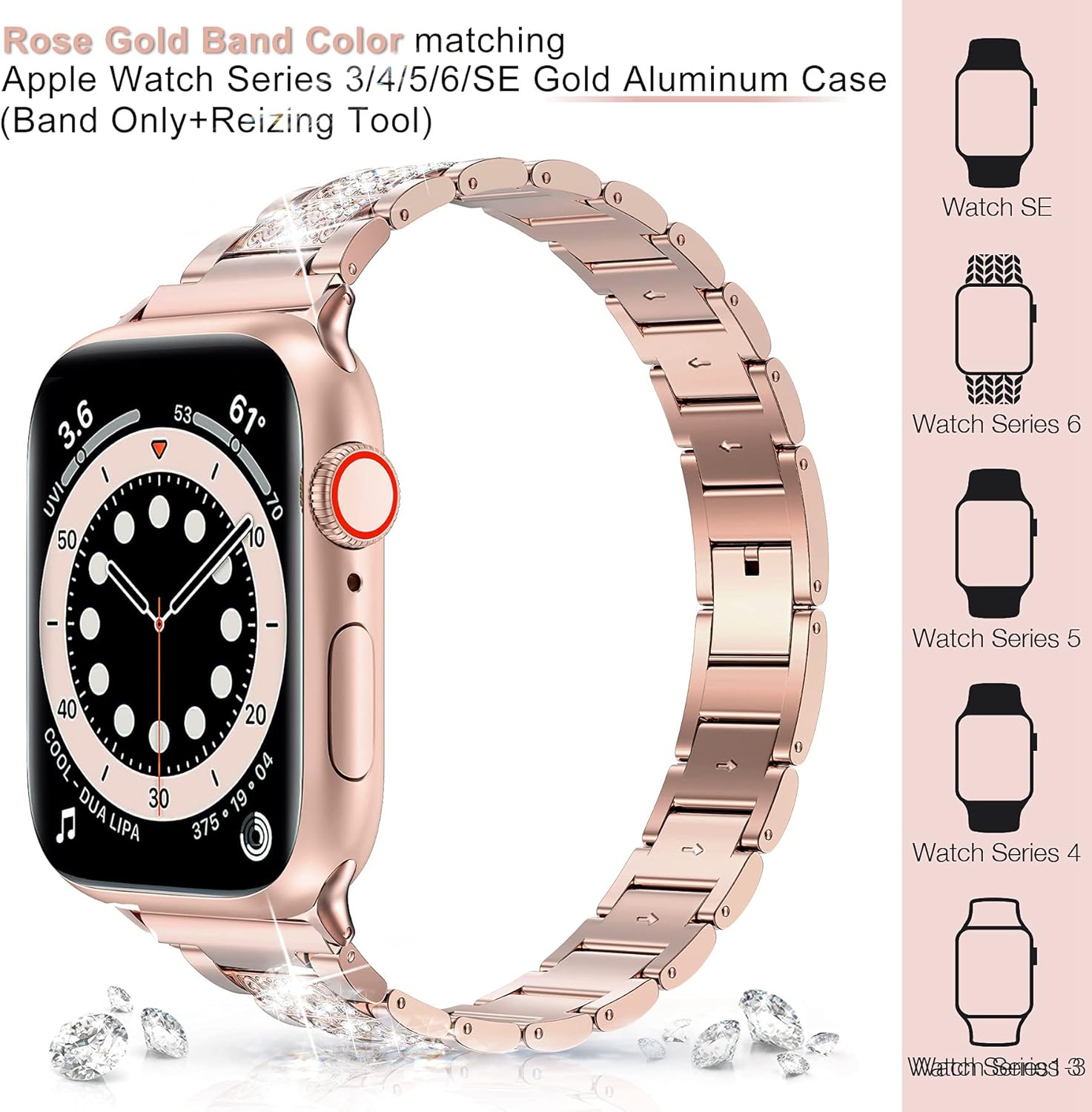 LELONG for Apple Watch Band 38mm 40mm 42mm 44mm SE Series 6 Series 5 4 3 2 1, Bling Replacement Bracelet iWatch Band, Diamond Rhinestone Stainless Steel Metal Wristband Strap